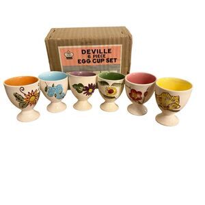 🔴Vintage Set of Six (6) Deville 6 Piece Egg Cup Set Porcelain Hand Painted